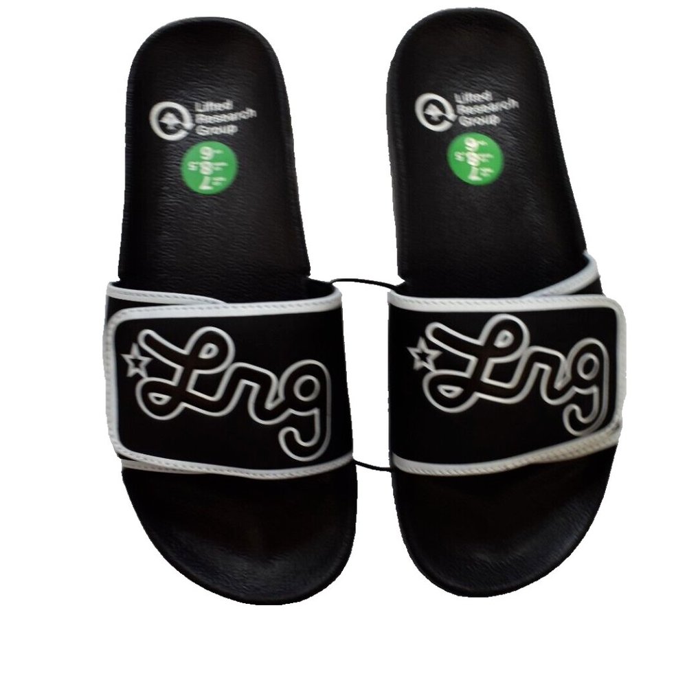 Lifted Research Group LRG Mens Cursive Logo Slides Black Sandals Shoes New 7